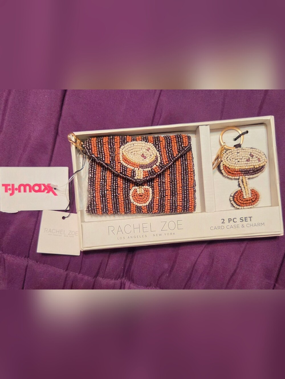 Rachel Zoe Beaded Card Case & Charm Set - Orange, Black, Cream